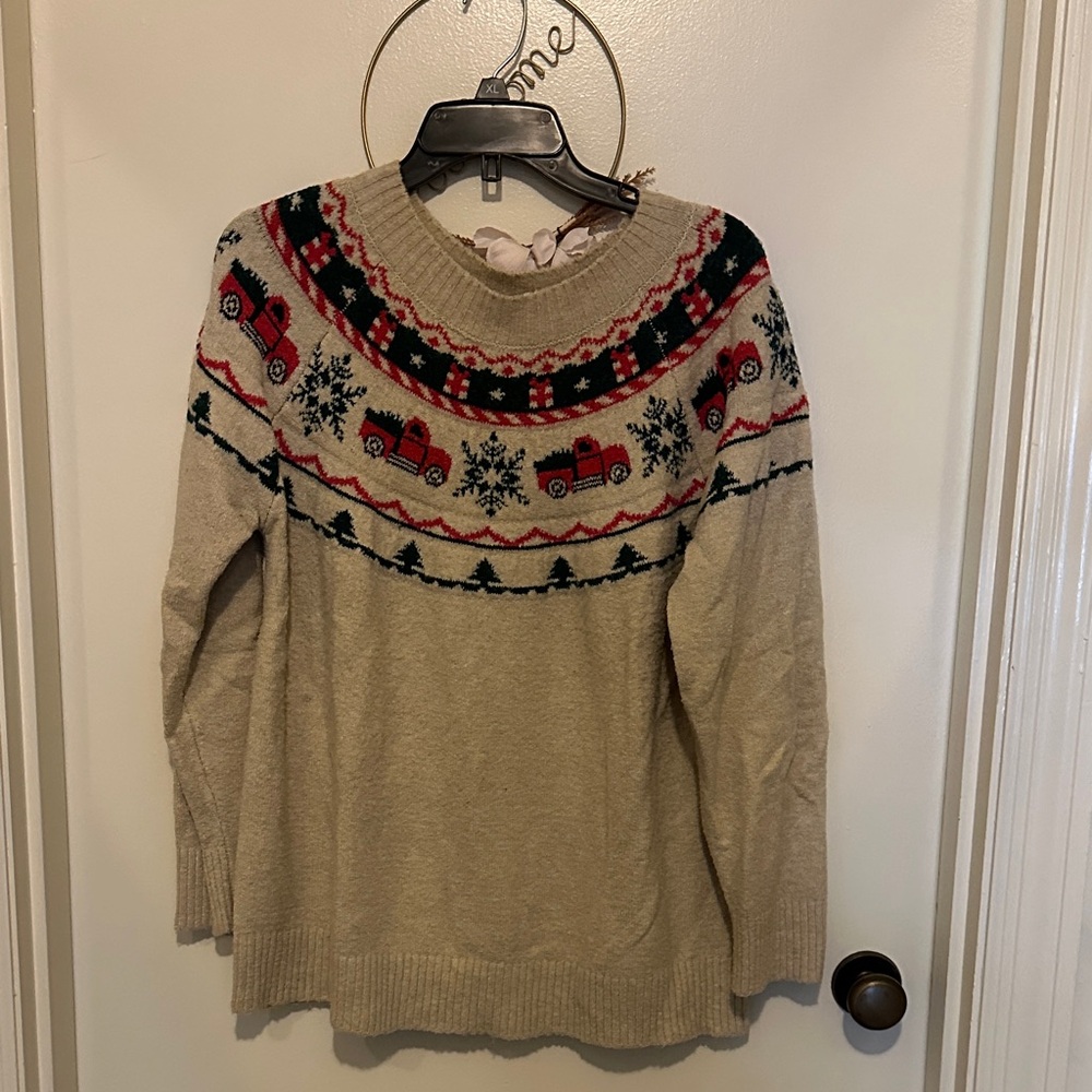 Maurices Beige Sweater with Red Truck Pattern